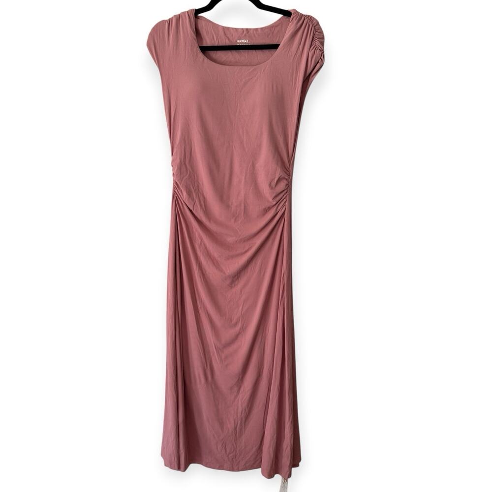 NWT OGL SkinKiss Cooling Square Neck Ruched Midi Bra Dress Size Medium Pink